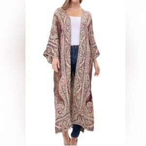 Raj Embroidered Duster Kimono Cream Purple Orange Hand Embroidered One Size NWT